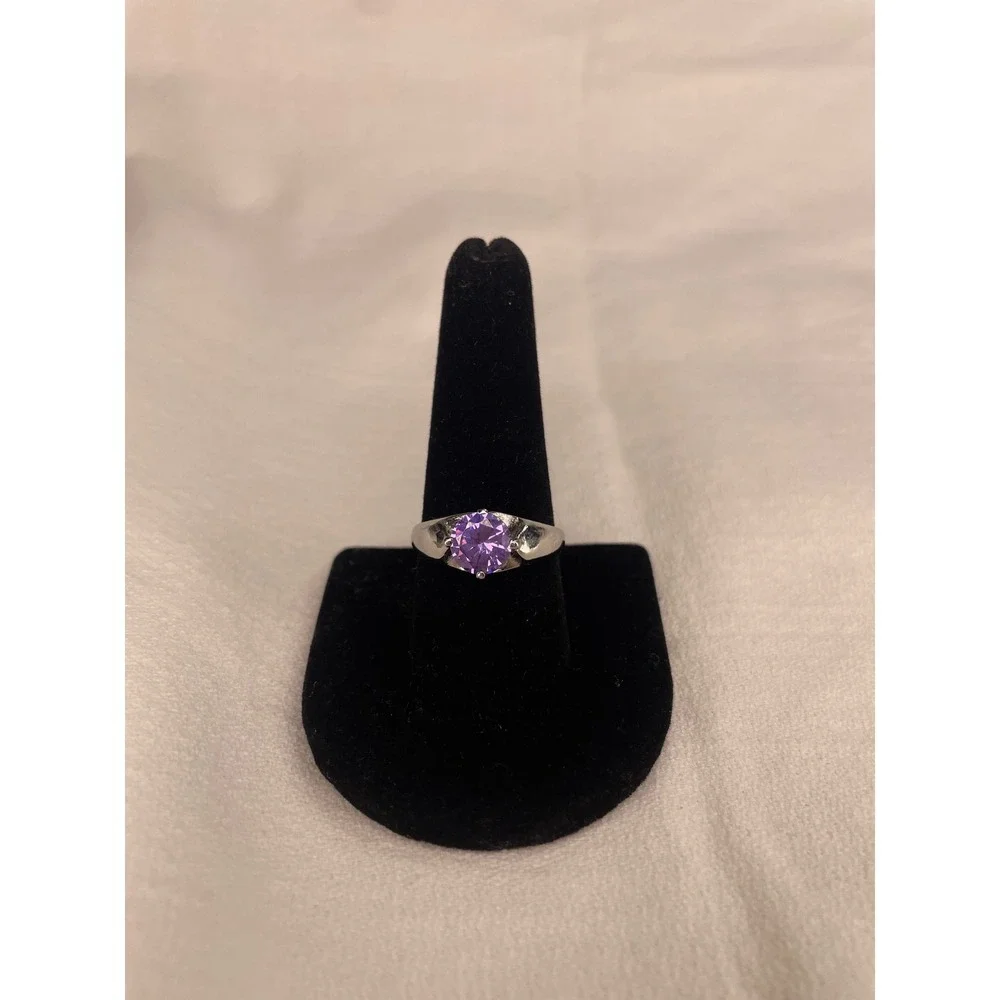 Silver Tone Purple Round Cut Cubic Zirconia Solitaire Statement Ring Size10